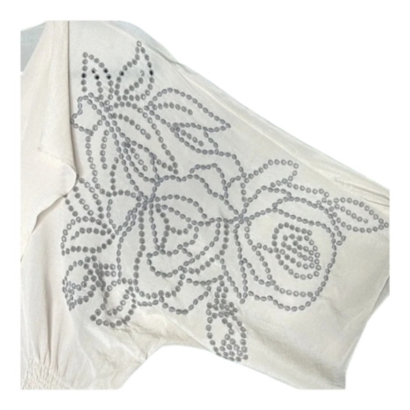 BARASCHI Silk Cream And Gray Dolman Sleeve Embroidered Eyelet Top - Picture 2 of 11